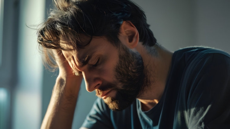 Depressed man with head in his hand | Breaking the Stigma 5 Reasons Why Seeking Help is Vital for Men's Mental Health | Mindful Health Solutions
