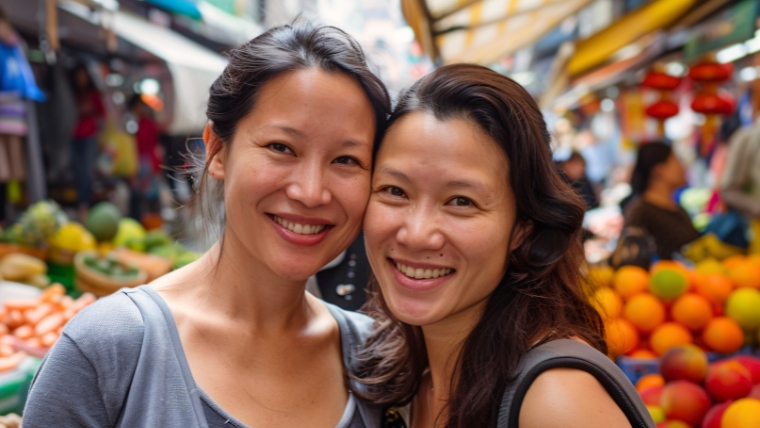 Two adult sisters smiling for the camera at a bustling outdoor market | Sibling Support in Mental Health How to Navigate Depression Together