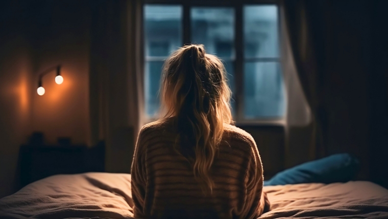 Rear view of a woman sitting alone on her bed looking out her window | Suicide Prevention Watch Out for These Risk Factors and How to Seek Help in a Crisis