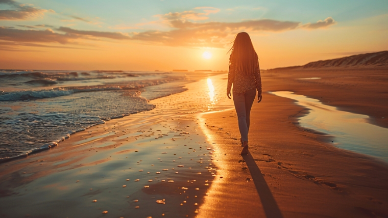 Woman walking along the water on an empty beach | What Is Obsessive-Compulsive Disorder Understanding Intrusive Thoughts and Repetitive Behaviors | Mindful Heatlh Solutions