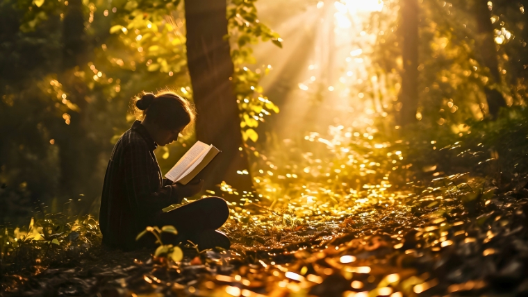 A woman reading a book in a wooded park | Mental Health Resources 6 Self-Help Books to Improve Your Life | Mindful Health Solutions