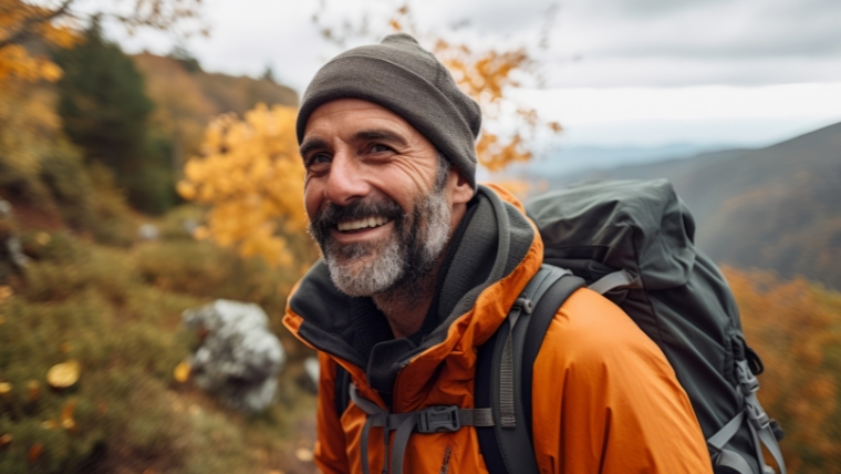 Portrait of a happy man with a backpack in the mountains | Fast and Effective Sciatica Pain Relief: TMS Therapy as Your Solution | Mindful Health Solutions