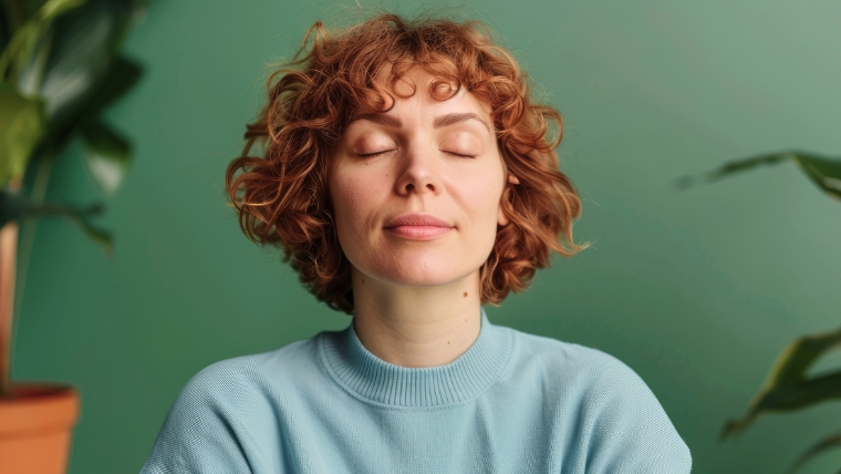 Woman practicing deep breathing, looking calm | Feeling Anxious? Try These 11 Calming Techniques Now | Mindful Health Solutions