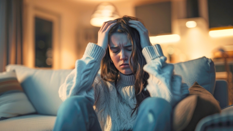 A woman on her couch with her head in her hands grappling with anxiety | 10 Common Anxiety Triggers How to Identify and Manage Them | Mindful Health Solutions