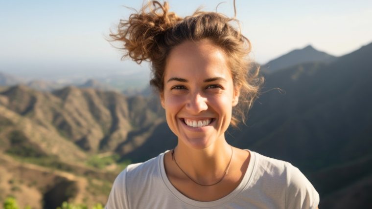 Adult woman smiling with a panoramic mountain view behind her | 8 Transformative Benefits How Ketamine Infusion Therapy Breaks Through the Fog of Depression | Mindful Health Solutions